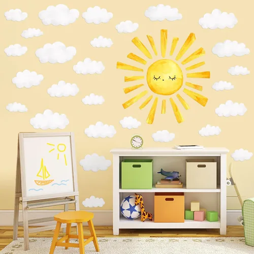 Vista 4 de Calcomanías de pared de sol y nubes, acuarela bohemia, calcomanías de sol para despegar y pegar, calcomanías de pared de sol de PVC, decoración