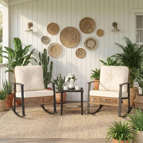 Vista 8 de COSIEST Juego de 3 sillas mecedoras para exteriores, muebles de patio de ratán para todo tipo de clima con 2 sillas, mesa de centro y cojines