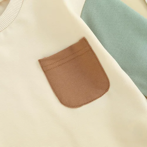 Vista 6 de Mameluco de manga larga con bloques de color para bebé, niño, niña, con bolsillo, cuello redondo, sudadera básica para otoño e invierno