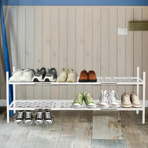 Vista 8 de Zapatero expandible organizador de zapatos de metal, 2 niveles apilable largo soporte de almacenamiento de zapatos para armario, piso, entrada