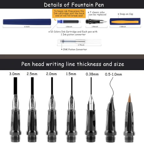 Vista 6 de Juego de bolígrafos de caligrafía Aifeiter, plumas estilográficas de caligrafía con 7 puntas reemplazables diferentes con 60 cartuchos de tinta