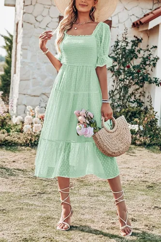 Vista 7 de MEROKEETY - Vestido de verano con lunares suizos para mujer vestido midi con cuello cuadrado, mangas abombadas, volados, lazo en la espalda