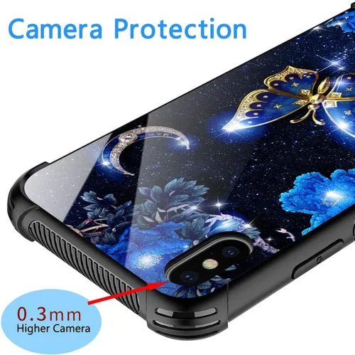 Vista 2 de Funda compatible con iPhone XS, funda para niñas y mujeres, cielo azul, flor, luna y mariposa