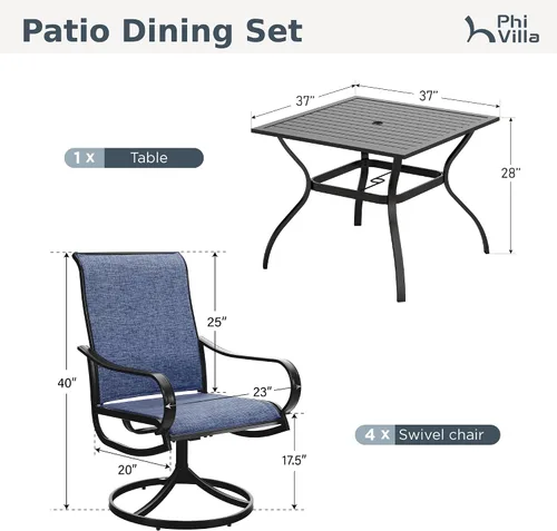 Vista 8 de PHI VILLA Juego de comedor de 5 piezas para patio al aire libre con sillas giratorias (azul) y mesa de comedor de acero de metal de 37 x 37 pulgadas