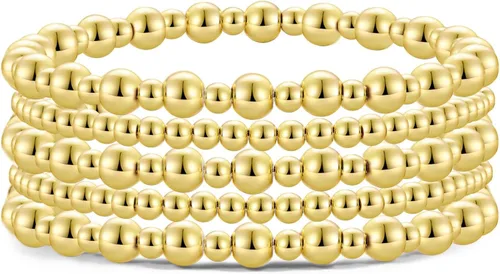 Vista 17 de Pulsera para mujer con cuentas chapadas en oro de 14 quilates, pulsera elástica de cuentas redondas Oro - 2 cubos+1 cuenta