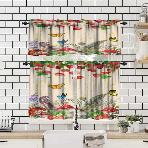 Vista 4 de Cortina de cocina de hongos, fresa con plantas verdes, flores silvestres, estrellas doradas, mariposa, dormitorio, comedor, cafetería, oficina, sala