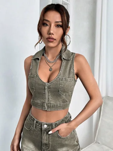 Vista 4 de WDIRARA Camiseta sin mangas con cuello redondo y bolsillos parcheados para mujer