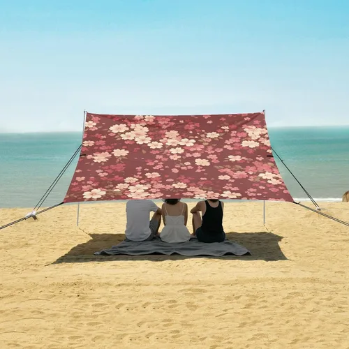 Vista 5 de Cherry Blossom Deep Red Beach Cabana UPF50 Lightweight Portable Sun Shelter with Sandbags & Sand Shovel for Backyard and Camping