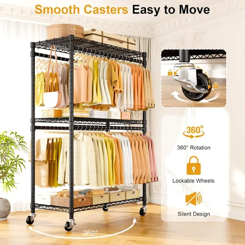 Vista 6 de ULIFHOME P5 Plus - Perchero resistente para colgar ropa, perchero de metal con ruedas, estante portátil de 3 niveles para armario de 45 pulgadas
