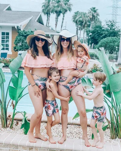 Vista 7 de IFFEI - Conjunto de bikini de dos piezas, traje de baño a juego para la familia, trajes de baño Mommy and Me (mami y yo) con volantes y estampados