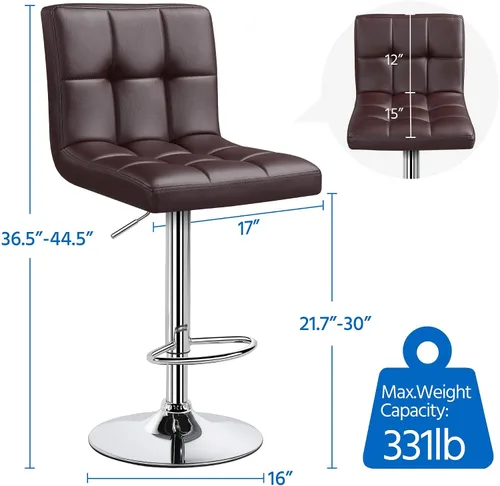 Vista 3 de Topeakmart Taburetes de bar modernos de altura ajustable, taburete giratorio de piel sintética, silla trasera de isla de cocina, taburete giratorio