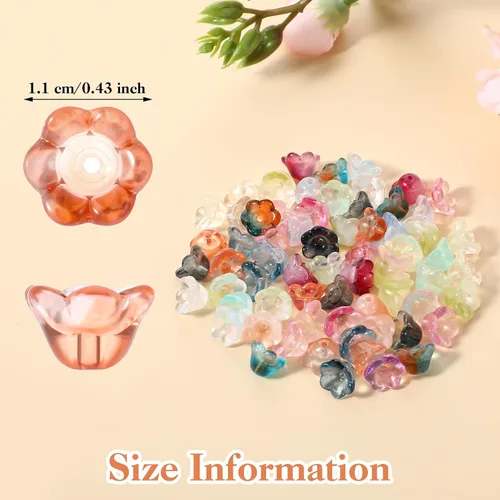 Vista 2 de 100 cuentas de cristal con forma de campana, mezcla de arco iris, cuentas de flores checas para hacer joyas, cuentas de vidrio pequeñas