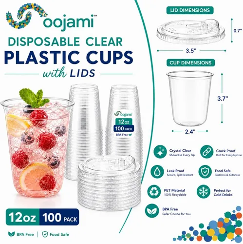 Vista 2 de Oojami 100 Pack 12 oz BPA-Free U-Shaped Cups with Strawless Sip Lids