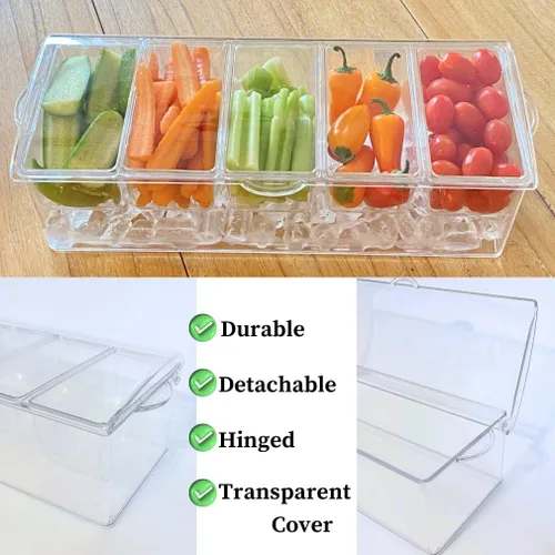 Vista 3 de Evelots Ice Chilled - Bandeja de condimentos de 5 compartimentos con tapa con bisagras, recipiente de plástico para servir para adornos, perfecto