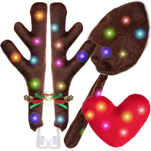 Vista 8 de ZONETECH Juego de cuernos de reno y nariz de automóvil de Navidad, accesorio de Rudolph con cascabel, decoración de disfraz automotriz para Juego