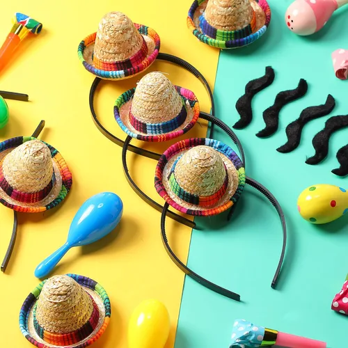 Vista 4 de Pasimy Juego de 12 sombreros de fiesta de mini sombrero, bigotes falsos, 6 diademas mexicanas con 6 bigotes para disfraz de Halloween