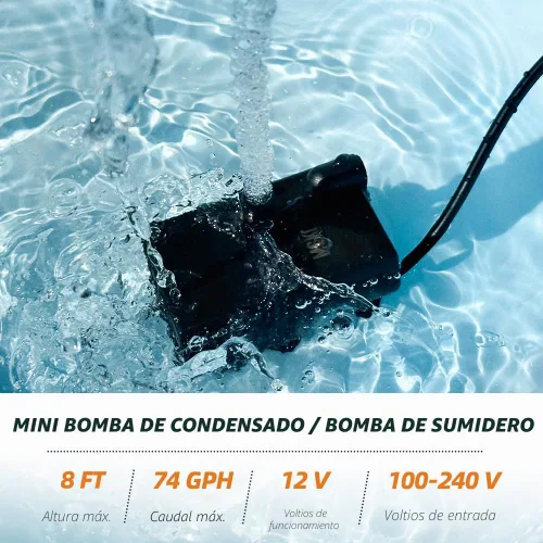 Vista 3 de Bomba de sumidero pequeña automática con sensor de agua, elevación de 8 pies, 74 GPH con tubo de 6 pies, mini bomba de eliminación de condensado