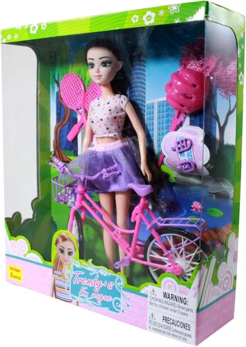 Vista 8 de Juego de muñeca morena con equipamiento deportivo y bicicleta rosa púrpura