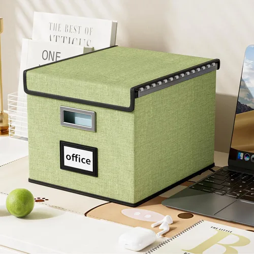 Vista 13 de Caja organizadora de archivos Huolewa con tapa, caja organizadora de carpetas de archivos colgantes de cuero sintético plegable con deslizadores