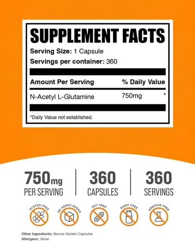 Vista 2 de BulkSupplements. Com N-acetil L-Glutamina Cápsulas - Suplemento de glutamina, suplemento de aminoácidos - Sin gluten, 1 cápsula por porción