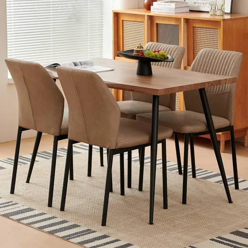 Vista 32 de Juego de mesa de comedor para 4, mesa de comedor rectangular irregular de madera moderna, sillas de comedor de cuero, 4 mesas y sillas, juego de 4