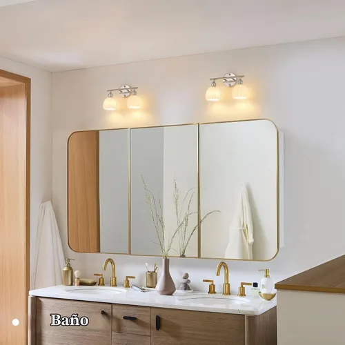 Vista 2 de Shenmoyl Lámparas de baño, lámpara de pared de 2 luces para tocador sobre espejo con pantalla de vidrio tulipán blanco para dormitorio, sala