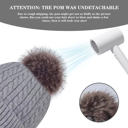 Vista 5 de Gorro de punto con pompón para mujer, gorro de invierno cálido con forro polar para mujer