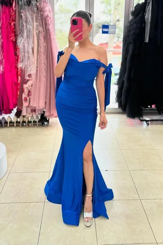 Vista 6 de Vestidos de baile de graduación con abertura, largo, de satén, con hombros descubiertos, vestido de noche formal de sirena para mujer, vestidos