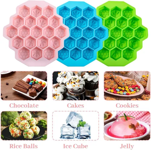 Vista 4 de 3 moldes de silicona de panal de abeja, moldes antiadherentes para chocolate, 19 cavidades para hornear pasteles, molde de silicona de grado