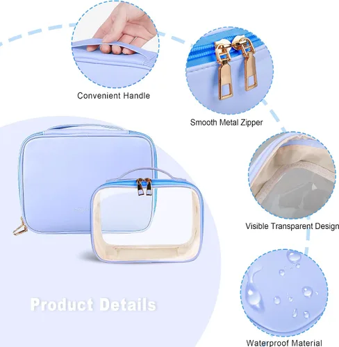 Vista 5 de Bolsa de maquillaje, 2 bolsas de cosméticos de piel sintética, estuche de maquillaje portátil de viaje, organizador de maquillaje grande con bolsa