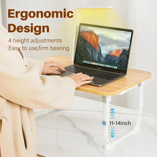Vista 4 de Escritorio para computadora portátil para cama con luz de escritorio LED, mesa ajustable para tableta con patas plegables, cajón de almacenamiento