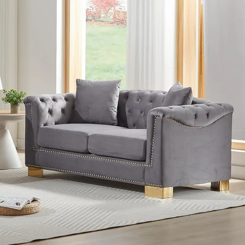 Vista 10 de Harper & Bright Designs Sofá Chesterfield de terciopelo de 62 pulgadas de dos plazas, moderno y clásico con brazo enrollado con botones y decoración