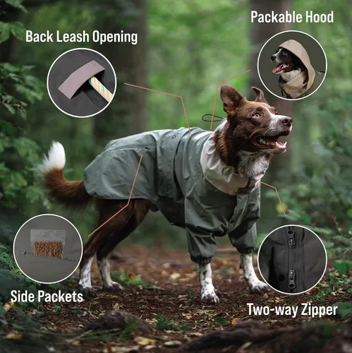 Vista 4 de Midnight Forest - Chaqueta impermeable para perro, ligera y ajustable, impermeable para perro con capucha plegable, talla mediana 50 (S)