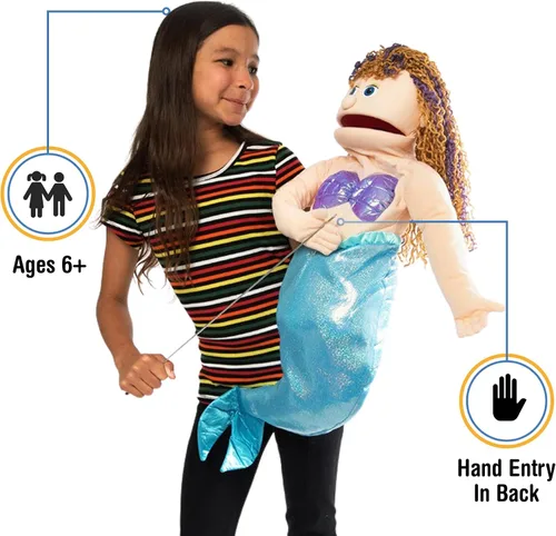 Vista 2 de Sirena de 25 pulgadas, chica melocotón, cuerpo completo, marioneta estilo ventrílocuo