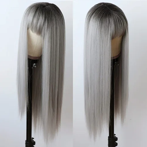 Vista 10 de Maycaur Pelucas de cabello sintético de color rubio con flequillo completo #613, color largo y liso, resistente al calor, pelucas sin encaje