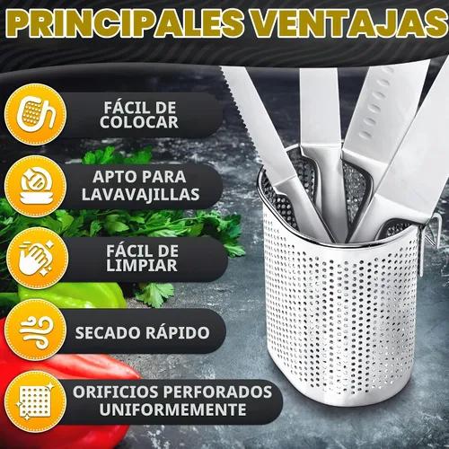 Vista 4 de Palillos Cubiertos y recipiente para utensilios de cocina rack de secado cesta con gancho de acero inoxidable perforado (forma ovalada) – se puede