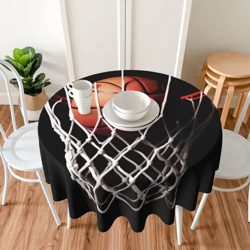 Vista 6 de Mantel redondo de 60 pulgadas, impermeable, con estampado de baloncesto, mantel circular para cocina, comedor, arrugas, mantel redondo para boda