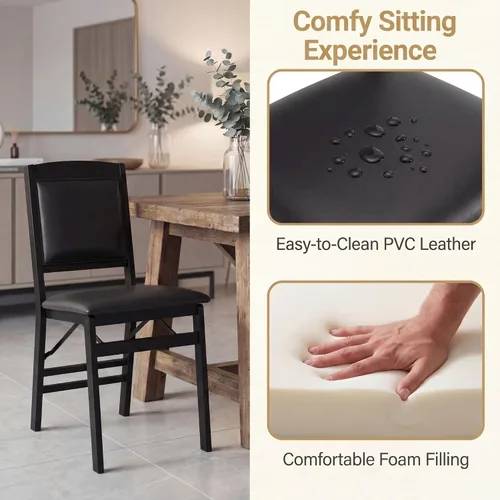 Vista 5 de GOFLAME Folding Dining Chairs Set of 2, Faux Leather Upholstered Kitchen Chairs with Padded Seat and Backrest, Solid Wood Foldable Chairs for Living
