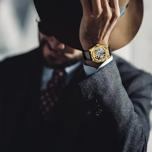 Vista 4 de OLEVS Visit The Store Automatic Men Watch Skeleton Self Winding Mechanical Luxury Stylish Leather Strap Steampunk Style Luminous Water Proof Wrist