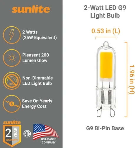 Vista 3 de Sunlite 41192 - Bombilla LED G9 con base de dos pines, 2 W (equivalente a halógeno de 25 W), 200 lúmenes, no regulable, 30 K, blanco cálido, paquete