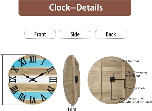 Vista 4 de Reloj de pared de madera maciza azul para sala de estar, estilo granja, reloj de pared redondo de 12 pulgadas, funciona con pilas, silencioso Wall