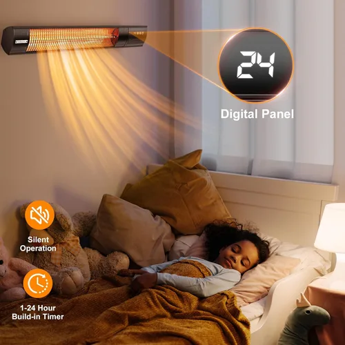 Vista 6 de Calentador eléctrico para patio, calentador de pared de 1500 W con control remoto y temporizador de 24 horas, calentador infrarrojo de carbono