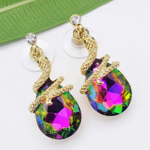Vista 83 de Navachi Pendientes colgantes de gota de serpiente con forma de pera multicolor de cristal chapado en oro de 18 quilates