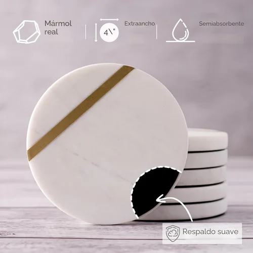 Vista 3 de Cork & Mill Juego de 6 posavasos de mármol, decoración moderna y estética de lujo para mesa de café, mármol blanco con incrustaciones de latón