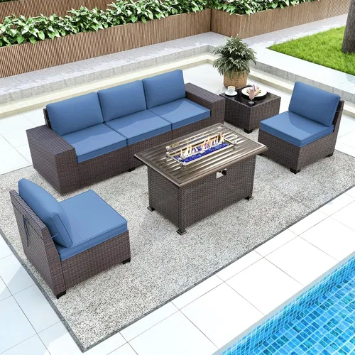 Vista 18 de Gotland Juego de muebles de patio de 6 piezas con 1 mesa auxiliar, 5 plazas de ratán seccional para exteriores con reposabrazos anchos de 29.5 Gris