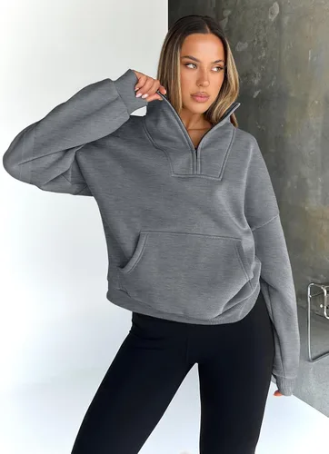 Vista 5 de Trendy Queen - Sudaderas con medio cierrey capucha de gran tamaño, comoda, extragrande, para otoño, Y2K, ropa de invierno, 2024