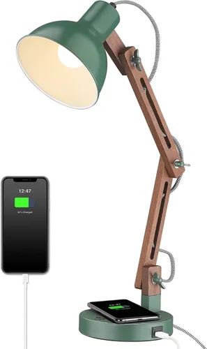 Vista 10 de Lámpara de escritorio ELYONA de madera Sapele con cargador inalámbrico mejorado, lámpara de mesa de brazo oscilante con puerto de carga USB C, luz