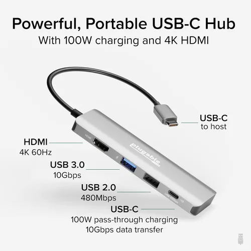 Vista 2 de Plugable Adaptador multipuerto USB C, 4 en 1, carga de paso de 100 W, USB C a HDMI 4K 60Hz, Hub de puerto múltiple USB para Windows, Mac, iPad Pro