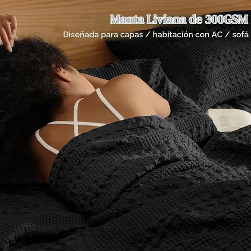 Vista 2 de PHF Lightweight 100% Cotton Waffle Blanket for Bed, Queen, Black 14 negro