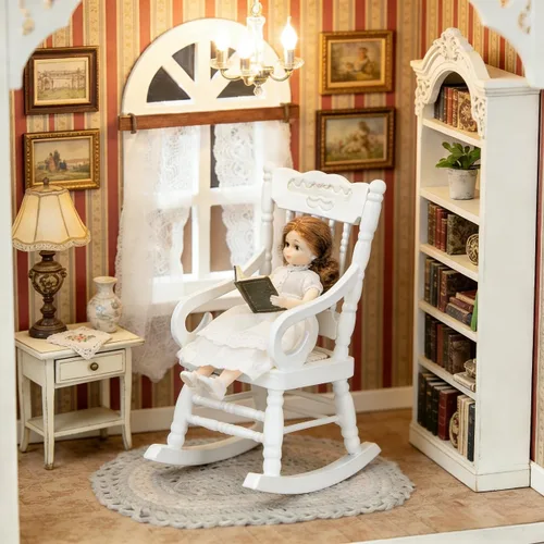 Vista 2 de SOIMISS Mecedora de madera blanca en miniatura, asiento de cuerda de cáñamo, escala 1:12, accesorios para muebles de casa de muñecas, decoración